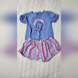 Kids Headquarters Blue Unicorn Tee with Pink & Purple Stripe Shorts